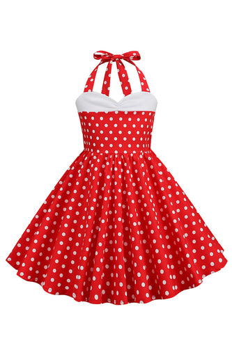 Vermelho Halter Pontos de Polka 1950s Vestido de Menina