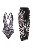 Uma Peça Leopard Estampado Castanho Fato de Banho com Saia de Praia