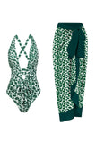 Uma Peça Leopard Estampado Castanho Fato de Banho com Saia de Praia