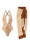 Uma Peça Leopard Estampado Castanho Fato de Banho com Saia de Praia
