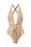 Uma Peça Leopard Estampado Castanho Fato de Banho com Saia de Praia