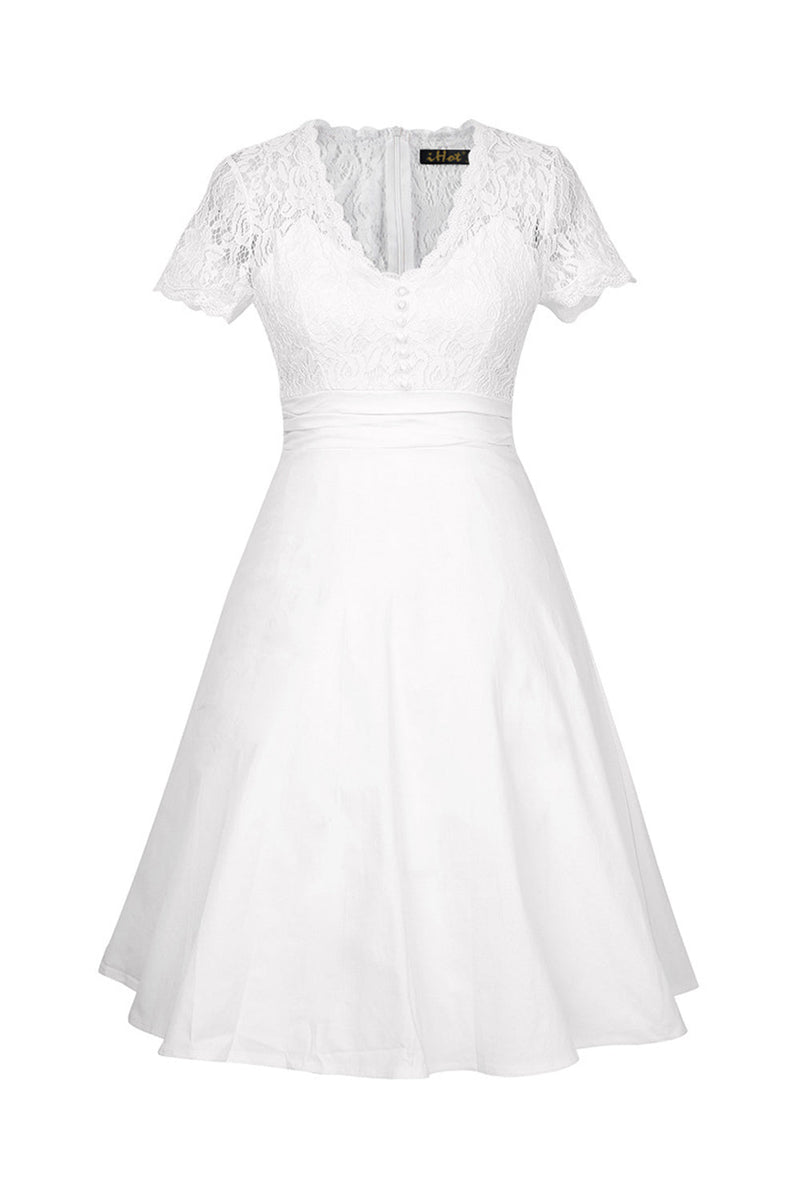 Carregar imagem no visualizador da galeria, Branco Gola em V 1950s Vestido Com Renda