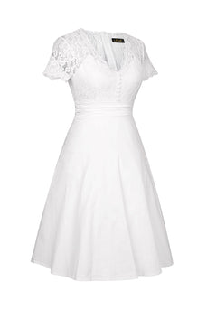 Branco Gola em V 1950s Vestido Com Renda