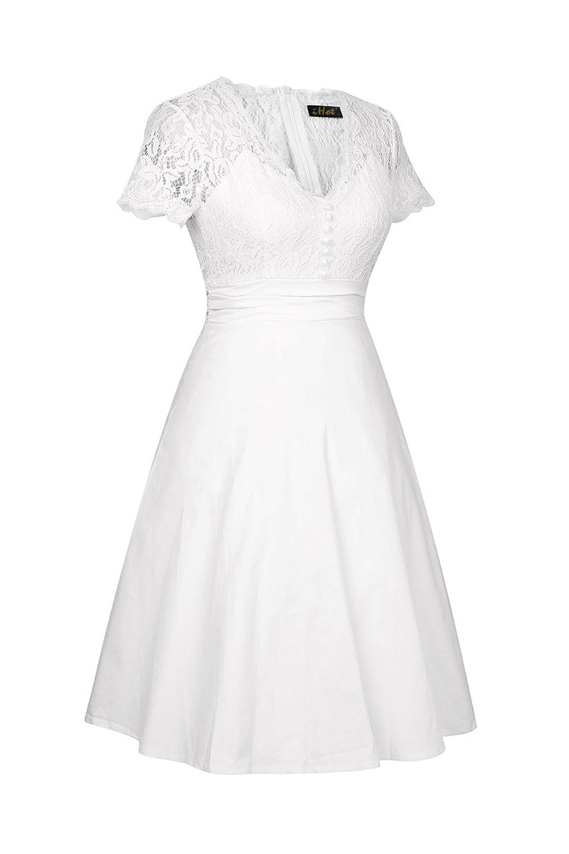 Carregar imagem no visualizador da galeria, Branco Gola em V 1950s Vestido Com Renda