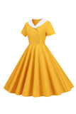 Amarelo 1950s Vestido Com Mangas Curtas