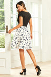 Preto Floral Gola em V 1950s Vestido com Cinto