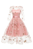 A Line Pescoço Quadrado Rosa 1950s Vestido Com Meias Mangas