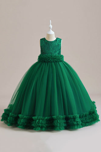 Tule verde sem mangas Um vestido de menina linha com renda