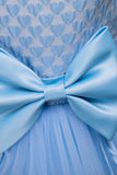 Azul Pescoço Redondo Tule Vestido de Menina