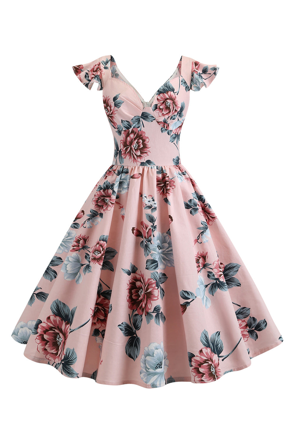 Rosa Floral Estampado 1950s Dress Gola em V