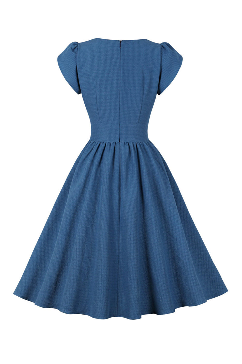 Carregar imagem no visualizador da galeria, Azul Xadrez Vestido dos anos 1950 Com Babado