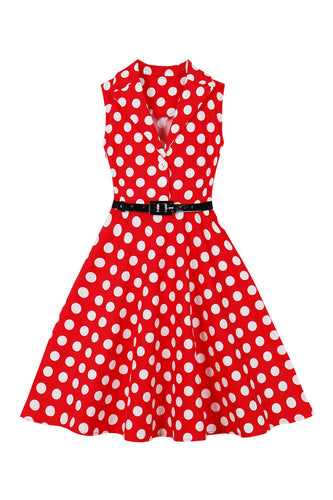 Vermelho Vintage Pontos de Polka Vestido de Menina Com Cinto
