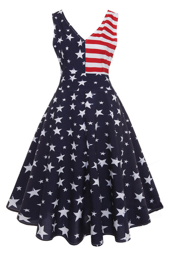 Azul Gola em V Estrelas Listras Estampado Vestido Dos Anos 1950
