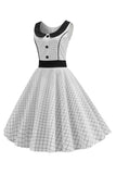1950s Vestido Xadrez Branco Sem Mangas