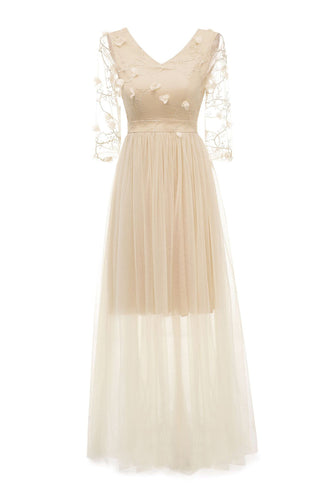 Vestido Vintage Mangas Compridas Tule Damasco Apliques