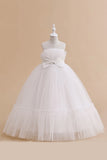 Tule Branco Vestido de Menina com Arco Flor A Line