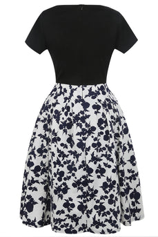 Estampado Preto 1950s Vestido Mangas Curtas