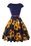 Flor Estampado Preto 1950s Vestido Com Cinto