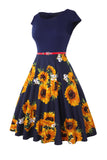 Flor Estampado Preto 1950s Vestido Com Cinto