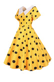 Pontos de Polka Vestido Vintage Amarelo com Mangas Curtas