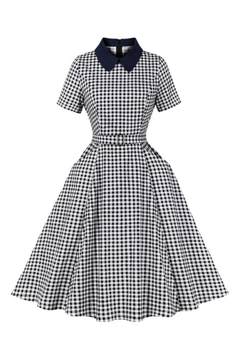 Vestido Vintage Preto Xadrez Mangas Curtas