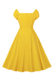 Polka Dots Amarelo Vestido Vintage Pescoço Quadrado