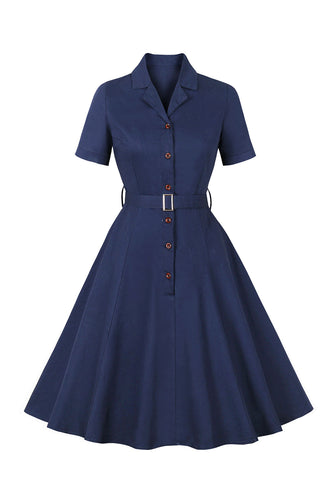 Azul Marinha Mangas Curtas Botão 1950s Vestido