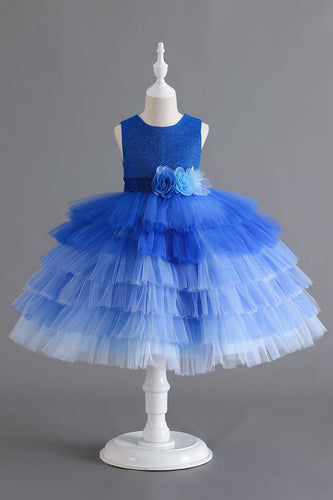 Azul Real Sem Mangas A Line Vestido de Menina Com Flores 3D