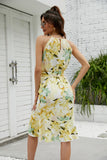 Halter amarelo vestido de verão estampado floral com folhos