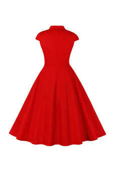 Vestido vermelho V neck 1950s com mangas curtas
