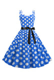 Rosa Polka Dots Esparguete Alças 1950 Vestido Com Arco