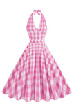 Halter rosa xadrez sem mangas vestido dos anos 1950 com cinto