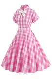 Vestido rosa xadrez bowknot dos anos 1950 com mangas curtas