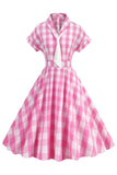 Vestido rosa xadrez bowknot dos anos 1950 com mangas curtas