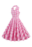 Pink Pin Up Plaid Vestido Vintage dos anos 1950