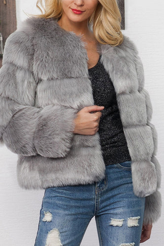 Xale Cinzento Lapela Cropped Mulheres Faux Fur Coat