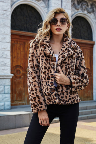 Castanho Notched Lapela Leopard Impresso Copped Faux Fur Women Coat