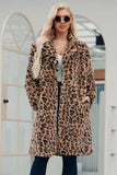 Brown Notched Lapela Leopard Impresso Mulheres Longas Faux Fur Casaco
