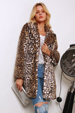 Leopardo marrom impresso lapela longa falsa pele mulheres casaco