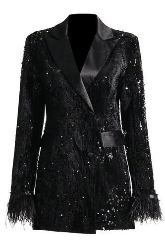 Sparkly Black Peak Lapel Sequins Blazer Feminino com Penas