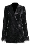 Sparkly Black Peak Lapel Sequins Blazer Feminino com Penas