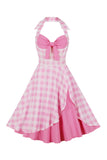 Estilos Retrô Uma Linha Halter Neck Pink Plaid Vestido dos anos 1950