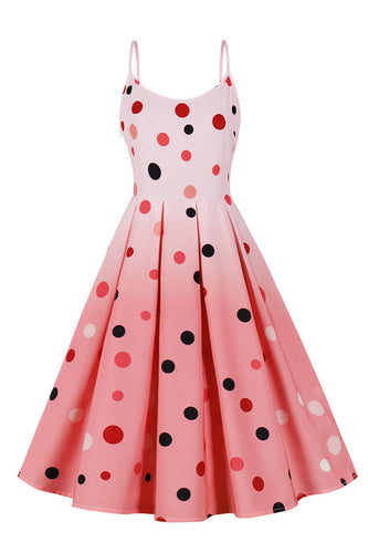 A Linha Esparguete Correias Rosa Polka Dots Vestido Vintage