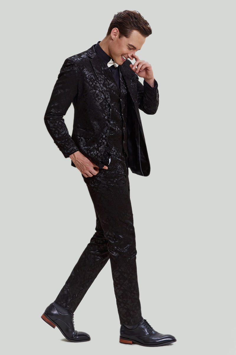 Carregar imagem no visualizador da galeria, Terno masculino jacquard jaqueta preto 3 peças