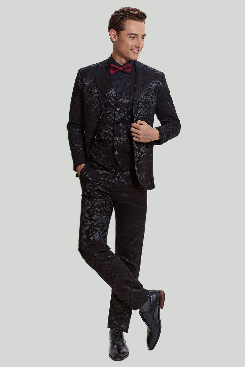 Carregar imagem no visualizador da galeria, Terno masculino jacquard jaqueta preto 3 peças