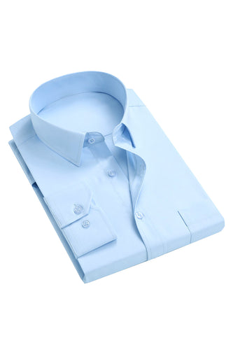Camisa de vestido de manga comprida de gola azul clara masculina