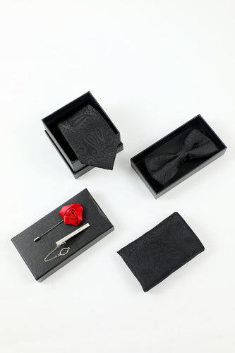 Gravata de acessório de 5 peças masculina de Jacquard Preto e gravata de lapel de lapel clip