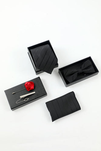 Black Stripe Men's 5-Piece Acessório set Tie and Bow Tie Pocket Pocket Square Flower Lapel Pin Tie Clip