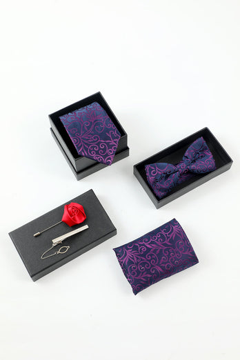 Acessório de 5 peças de Jacquard Masculino roxo e gravata de lapel de lapel clip