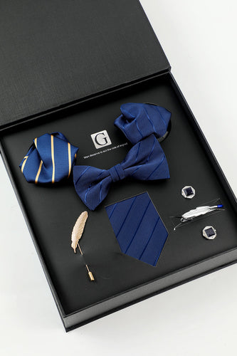 Royal Blue Men's Accessory set Stripe Tie e Bow Tie Two Pocket Square Lapel Pin Tie Cufflinks